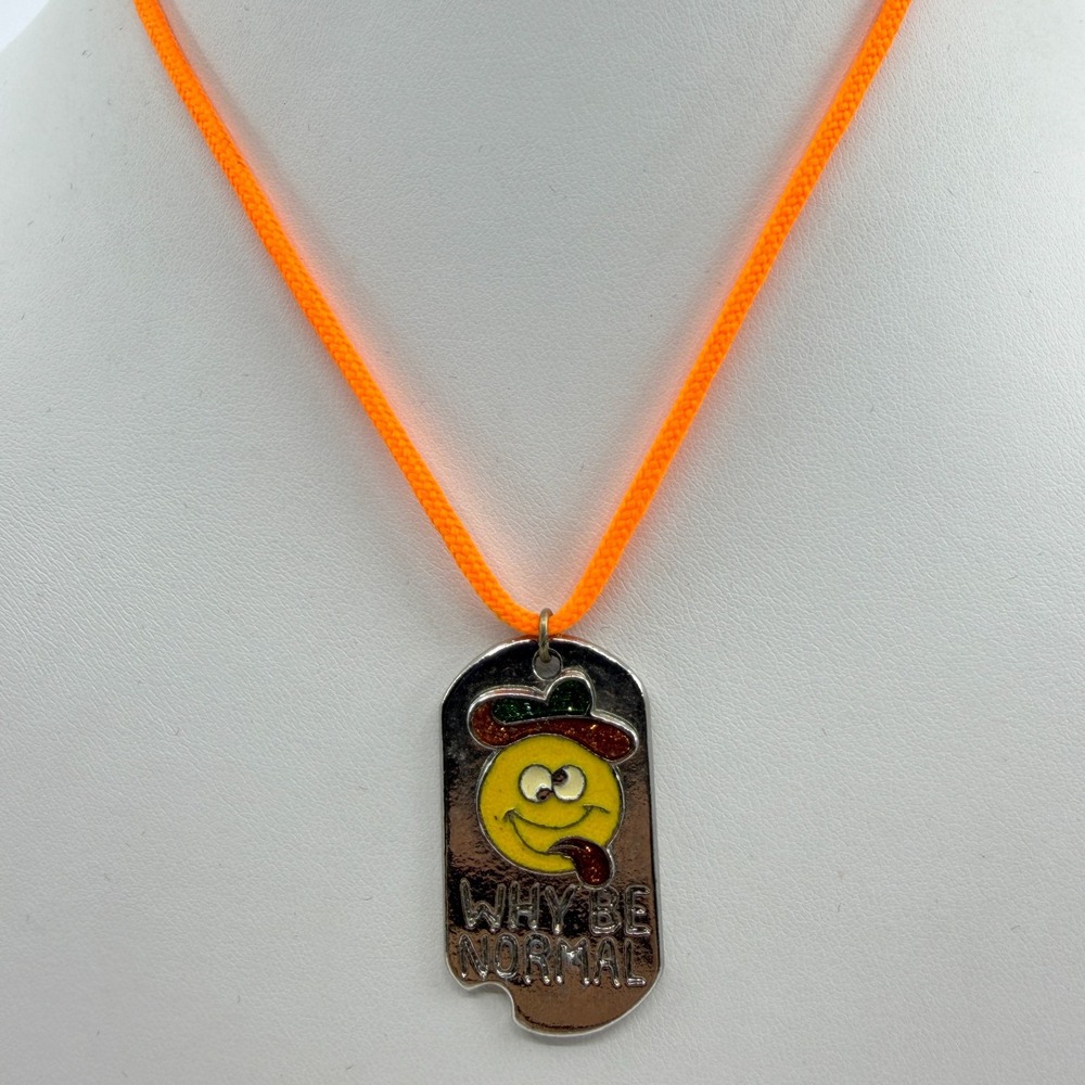 Why Be Normal Funky Smiley Face Pendant Necklace Vibrant Orange Cord Statement